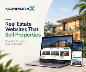 NammoraX real estate website design featuring a modern luxury property displayed on a laptop and smartphone, showcasing responsive property listings and search functionality.