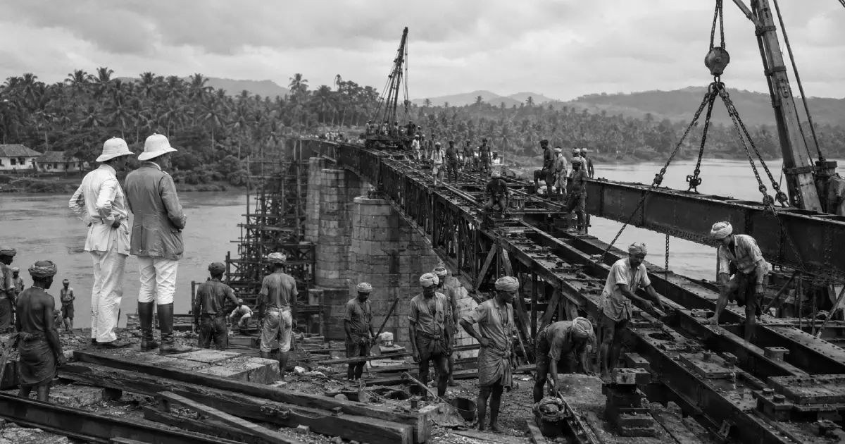 Construction of the historic Netravati railway bridge near Mangalore