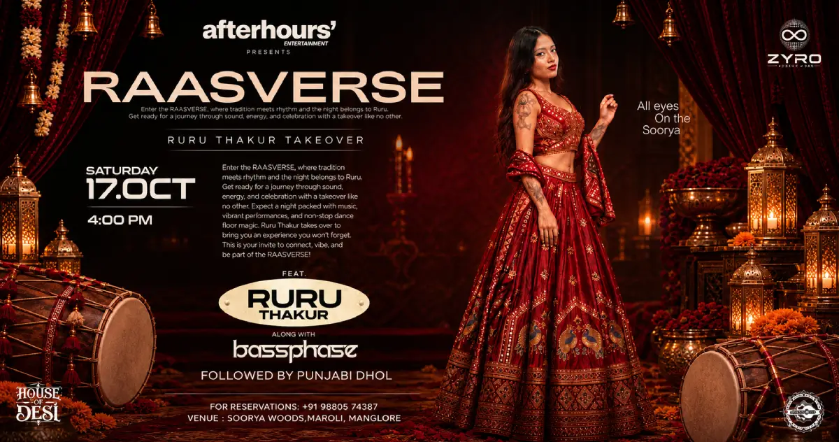 RAASVERSE featuring Ruru Thakur, Bassphase, and Punjabi Dhol at Soorya Woods, Maroli, Mangaluru.