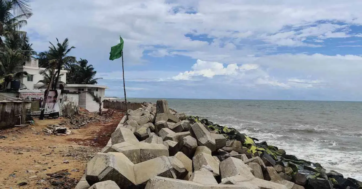 Stone seawall protecting homes along Ullal beach, Mangaluru